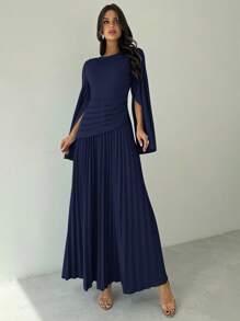 Firerie Đầm Maxi Chữ A Tay Dài Xếp Ly Cạp Cao Thanh Lịch Cho Nữ, Thời Trang Và Trang Nhã, Màu Xanh - Màu xanh hải quân - Xem 1