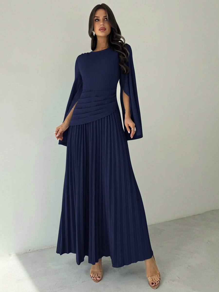 Firerie Đầm Maxi Chữ A Tay Dài Xếp Ly Cạp Cao Thanh Lịch Cho Nữ, Thời Trang Và Trang Nhã, Màu Xanh - Màu xanh hải quân - Xem 1