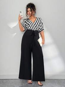 Elenzga 大码女士时尚休闲独特高端条纹拼接 3D 花卉连体裤，适合夏季日常通勤和办公室穿着，“Kooky Elegance Collection (Woe Is Me Vibes)(Wednesday Aesthetic)” - 黑與白 - 查看 3