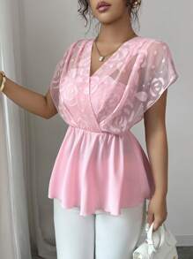 Elenzga New Chiffon Floral Cutout Casual Elegant Date Style Tie-Up Versatile Blouse For Women, Spring/Summer - Baby Pink - View 6