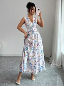 Elenzga Women's Elegant Fashionable Casual Comfy Vintage Charming Gentle Romantic Vacation Sleeveless V-Neck Backless Tie Waisted A-Line Flounced Hem Printed Dress (Random Print)