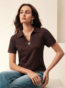 Anewsta 优雅大方V领花卉镂空刺绣针织T恤衫，春夏 - 鏽棕色 - 查看 7