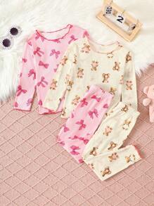 SHEIN 4 件套少女可爱小熊蝴蝶结图案荷叶边圆领长袖上衣和长裤针织舒适休闲睡衣套装 - 彩色 - 查看 1