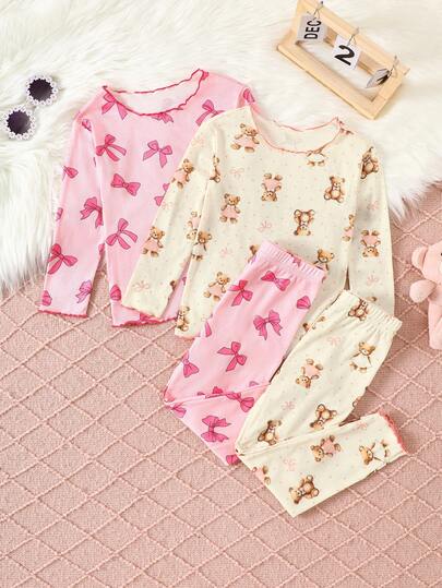 SHEIN 4 件套少女可爱小熊蝴蝶结图案荷叶边圆领长袖上衣和长裤针织舒适休闲睡衣套装