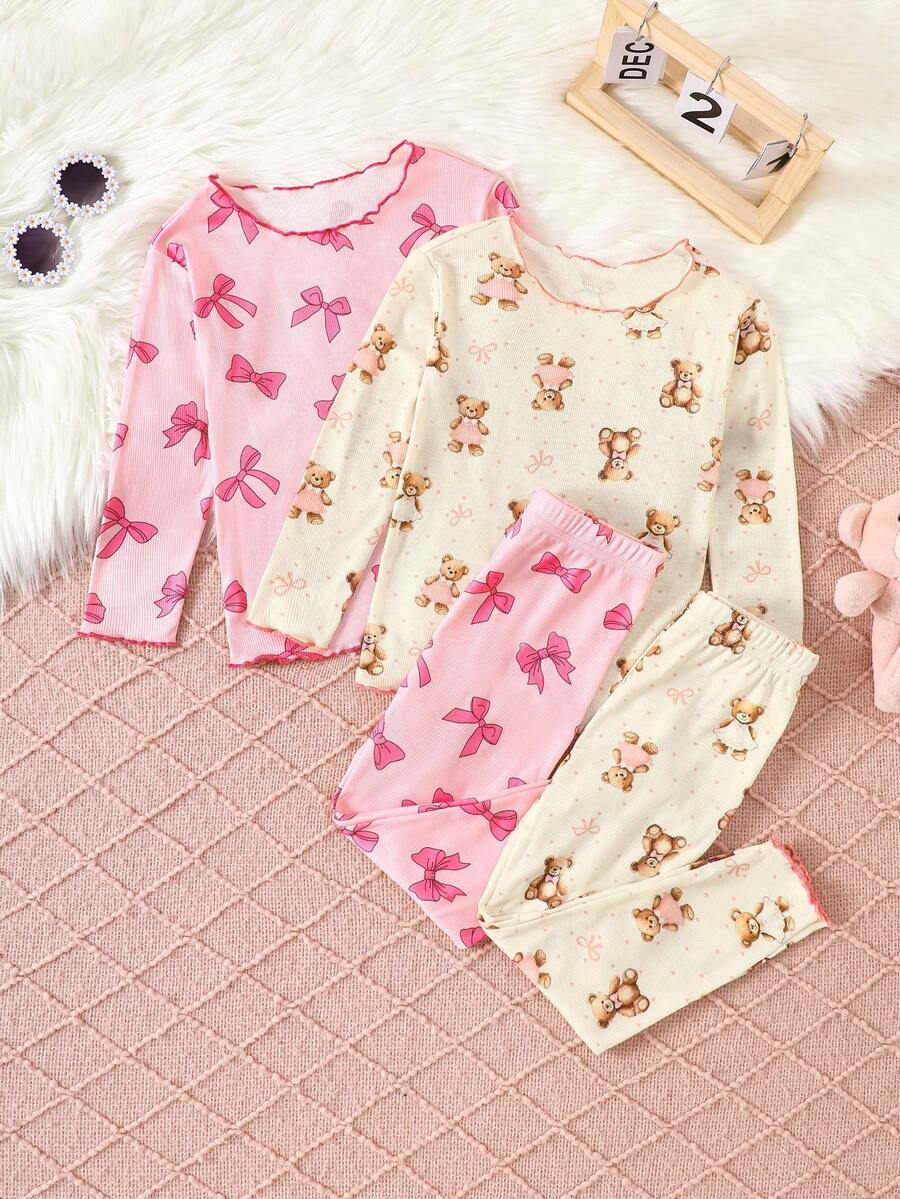 SHEIN 4 件套少女可爱小熊蝴蝶结图案荷叶边圆领长袖上衣和长裤针织舒适休闲睡衣套装 - 彩色 - 查看 1