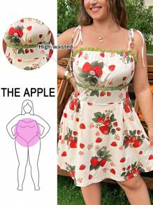 SHEIN EZwear Plus Size Summer Vacation Casual Contrast Lace Strawberry Romper - Apricot - View 1