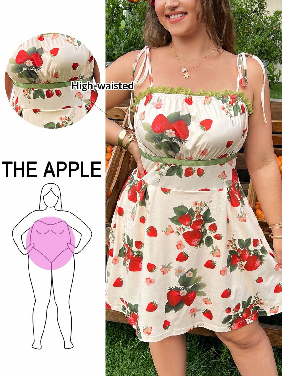 SHEIN EZwear Plus Size Summer Vacation Casual Contrast Lace Strawberry Romper - Apricot - View 1