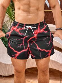 Surfspeed Men's Lightning Print Drawstring Waist Beach Shorts - Black - View 3