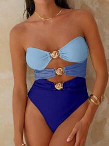 Swim Chiccia Blue Solid Color Strapless Hollow Out Backless Sexy Elegant Casual Vacation Party Holiday One Piece Swimsuit Swimwear Beachwear For Women, Spring/Summer - Multicolor - View 5
