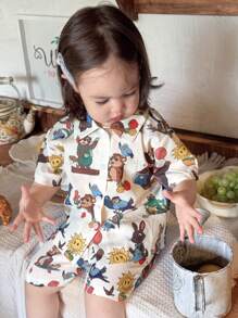 Hapijoa 2件套幼儿女孩卡通全印花休闲衬衫和短袖家居服套装 - 白色 - 查看 2