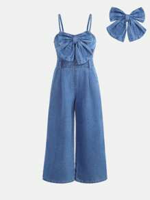 SHEIN 少女3D蝴蝶结装饰蓝色牛仔背带裤