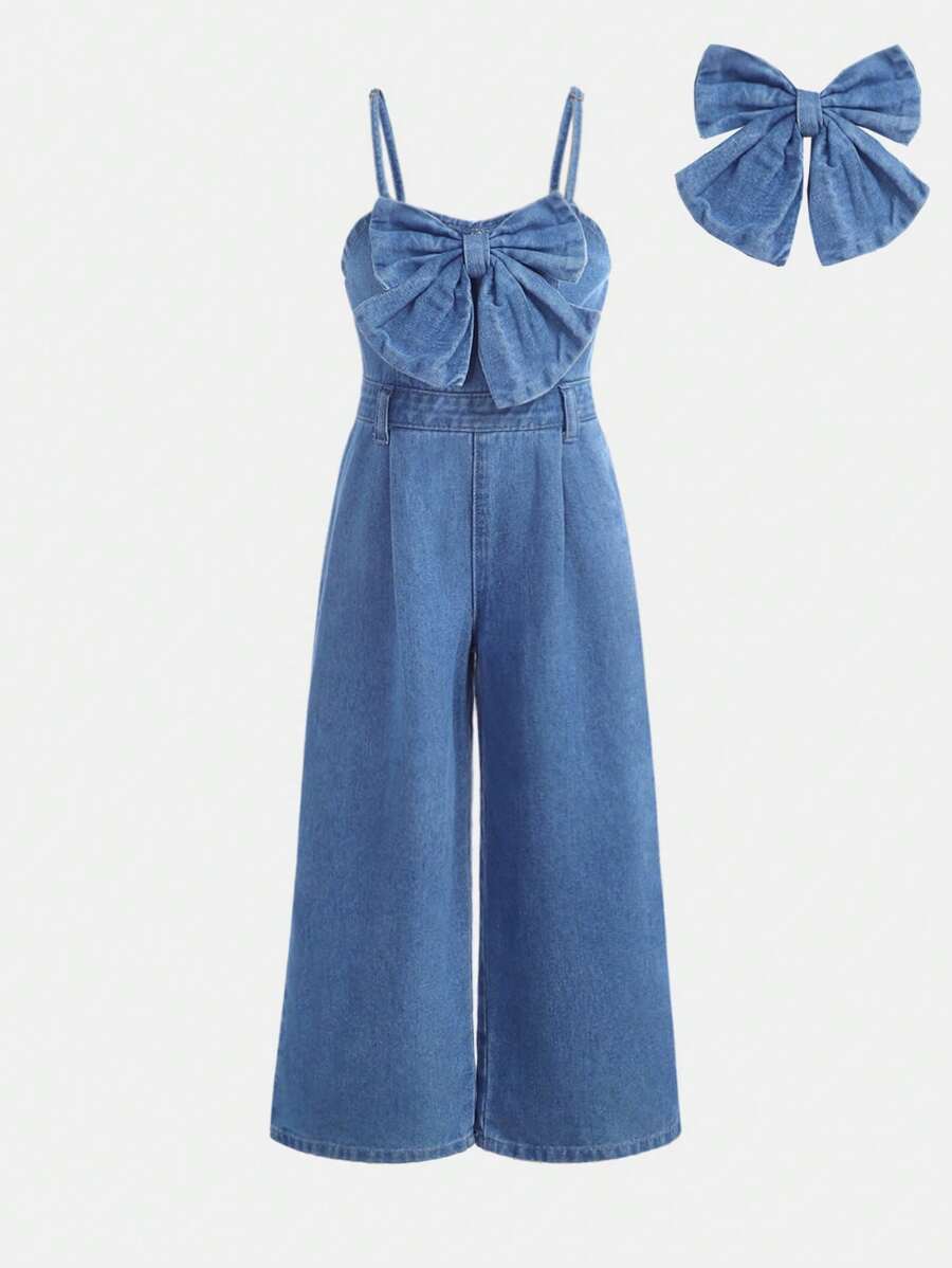 SHEIN 少女3D蝴蝶结装饰蓝色牛仔背带裤