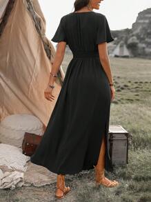 SHEIN PETITE Women's Shirred Elastic Waist Bohemian Casual Vacation Beach Dress, Side Slit Flare Sleeves, Long Dress Length - Black - View 2