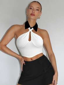 COSMINA Top halter sin espalda con color block para mujer, para el verano - Blanco - Ver 3