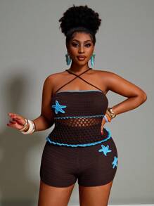 Slaydiva 2pcs/Set Plus Size Women's Vacation Starfish 3D Floral Halter Knit Top And Knitted Shorts Set - Chocolate Brown - View 10