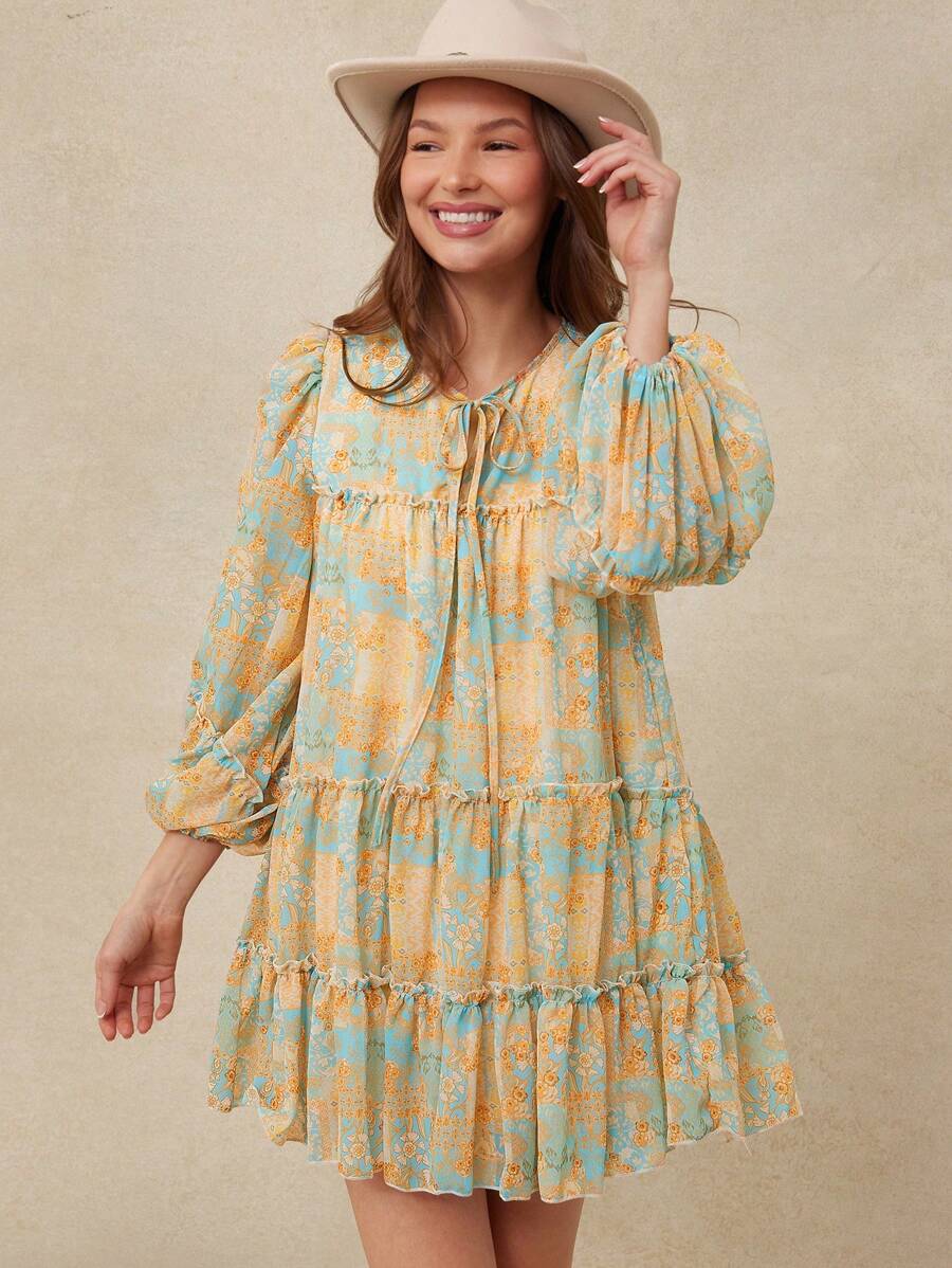 WESTFADE Summer Tie Neck Ruffle Long Sleeve Babydoll Mini Dress Beach Vacation - Multicolor - View 1