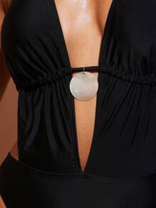 Hauture Sexy Summer Vacation Resort Swim Solid Mother-Pearl Trim Cut Out Halter Monokini One-Piece - Black - View 3