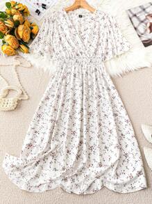SHEIN CURVE+ 大码女式褶皱短袖收腰长款花卉印花休闲宽松连衣裙，适合春夏季，时尚百搭