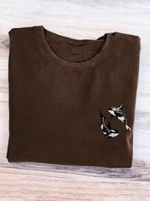 SHEIN EZwear CURVE T-shirt a maniche corte con scollo rotondo, ricamo orca, di taglia comoda