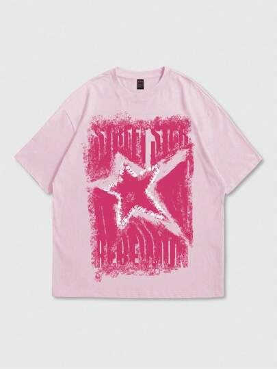 Street Life Women Plus Size Hand-Painted Star Doodle Short Sleeve Tee, Suitable For Daily Wear, Spring/Summer