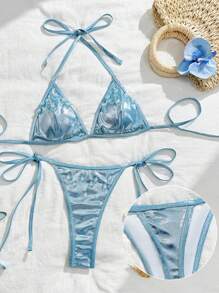 Swim Mod Bộ bikini 2 món vải bóng đính đá màu xanh mùa hè mới về, quần lót tam giác bikini siêu nhỏ gợi cảm - Màu xanh lam - Xem 2