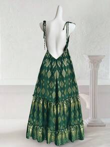 Breezaya Boho 女式 V 领性感优雅露背交叉系蝴蝶结金箔花卉印花波西米亚海滩连衣裙，荷叶边下摆无袖 2025 春夏新款演唱会服装毕业婚礼嘉宾晚礼服生日礼服演唱会服装女式长款连衣裙 - 綠色 - 查看 7