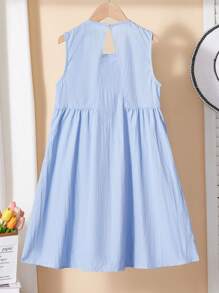 Vestido minimalista de unicolor para niñas, adecuado para uso diario y actividades al aire libre, de verano - Azul - Ver 2