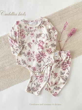 2pcs/Set Newborn Baby Soft Flower Print Clothes Set, Casual Fashionable Cute Romper With Long Pants Home Outfit Newborn Baby Girl Outfit