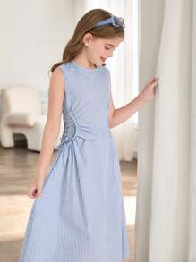 SHEIN 青少年女孩条纹抽绳腰无袖休闲夏装 - 藍色 - 查看 5