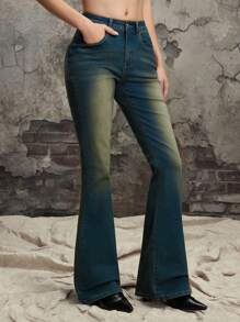 ROMWE Grunge Punk 复古水洗磨边高腰修身喇叭裤女式休闲牛仔裤