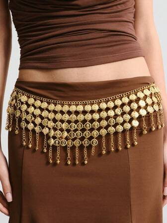 Goth 1pc Women's Gold Coin Accessory, Bell Decor Tassel Bohemian Chain Gold Coin Waist Dress, Versatile For Daily Wear