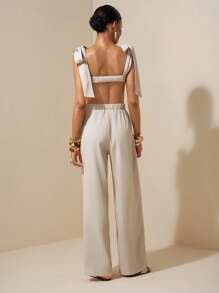 Zivah Beach New Spring And Summer Casual Holiday Bowknot Shoulder Straps Chest-Wrapped Heart Collar Cropped Top + Wide-Leg Super Trousers Apricot Women's Two Pieces Se,Textured Fabric Material - Apricot - View 2