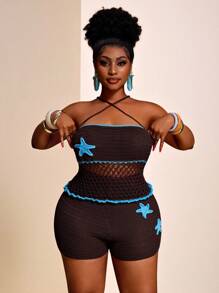 Slaydiva 2pcs/Set Plus Size Women's Vacation Starfish 3D Floral Halter Knit Top And Knitted Shorts Set - Chocolate Brown - View 13