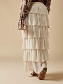 MISSGUIDED Tiered Ruffle Chiffon Maxi Skirt With High Side Split Festival Bohemian Summer Beach Vacation Resort Wear - White - View 2