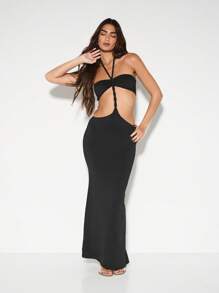 KIZN Robe longue d'été avec décolleté ras-du-cou, robe de soirée longue pour fête, robe de longueur sol avec design torsadé à l'avant, tenue élégante et habillée - Noir - Voir 4