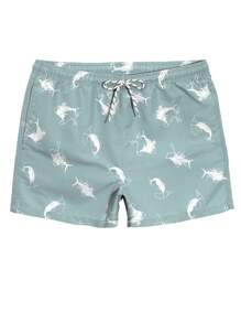 Manfinity Swimmode Men's Fish Print Drawstring Waist Beach Shorts