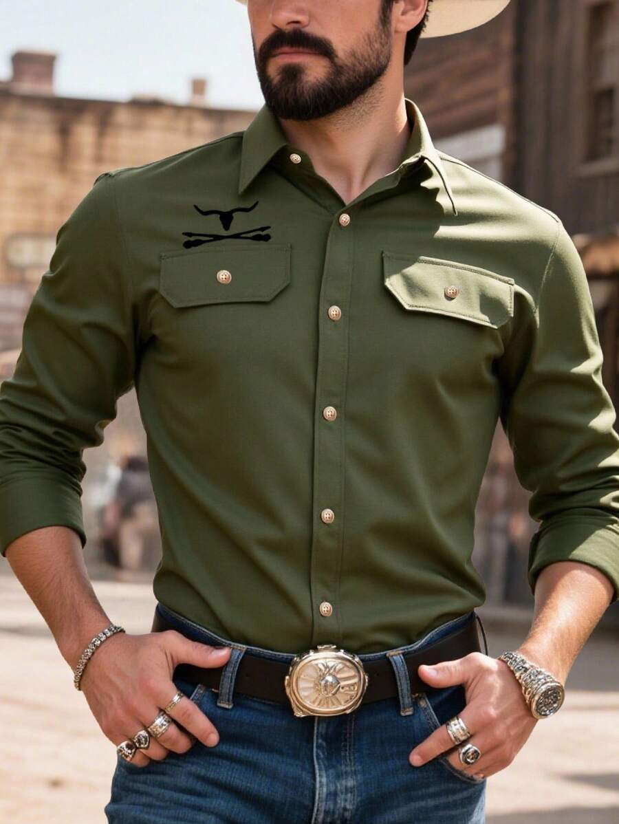 Manfinity Nomadique 男士西式绿色宽松长袖衬衫 - 适合万圣节、秋季休闲外出和西方主题活动，也是送给丈夫/男朋友的贴心礼物。 - 綠色 - 查看 1