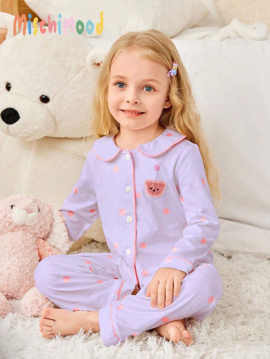 2 件套年轻女孩睡衣套装，简约时尚可爱印花长裤和长袖，休闲家居服