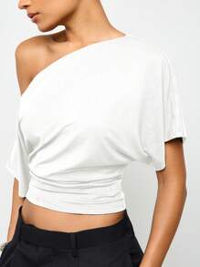 AiiRZ Blusa relajada con hombros descubiertos, manga murciélago o dolman, estilo drapeado, para uso casual los fines de semana en primavera y verano