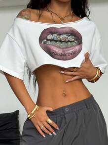 Coolane Women's Summer Hippie Rave Going Out Festival Streetwear Grunge Lip Pattern Stretchy Asymmetrical Neck Crop Tops - White - View 1