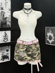 EgrlEra Minifalda de camuflaje de cintura baja con lazo de cristal, estilo sensual para chicas