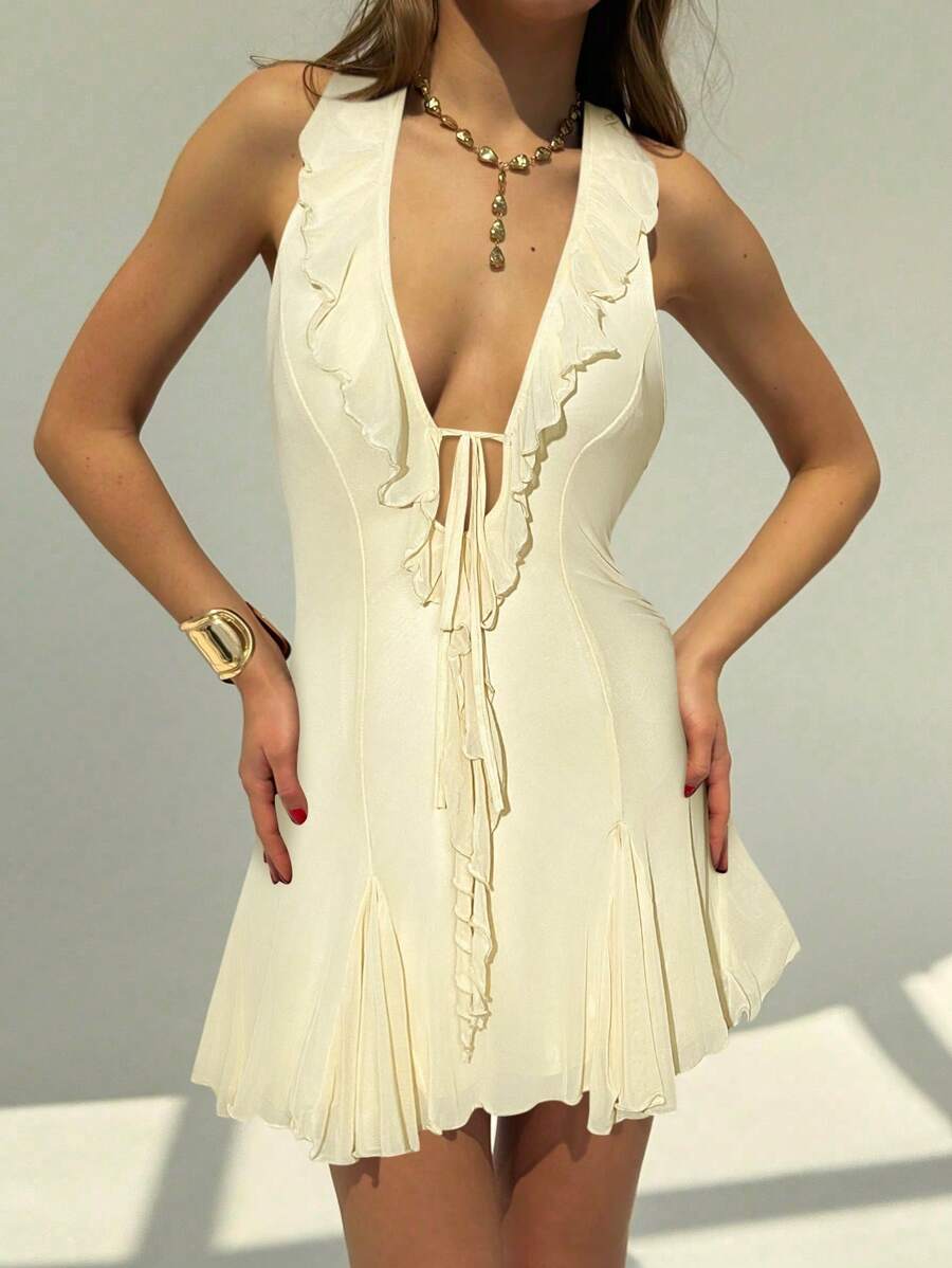 Aloruh Váy ngắn gợi cảm cổ chữ V sâu xếp nếp màu trơn buộc dây phía trước cho nữ, mùa hè - Màu be - Xem 1