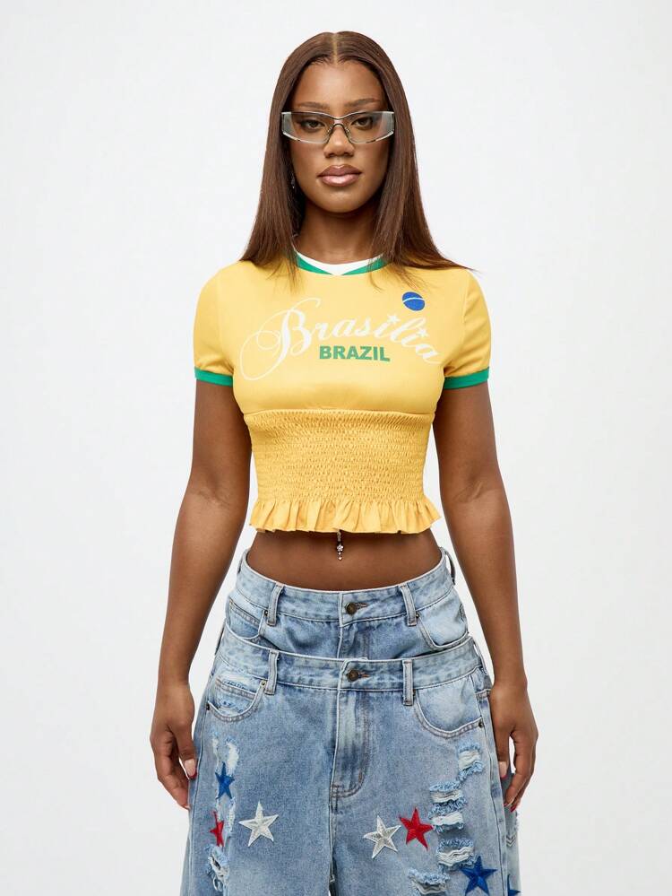 SUMWON WOMEN Logo Smocked Waist Retro Crop Ruffled Hem Top