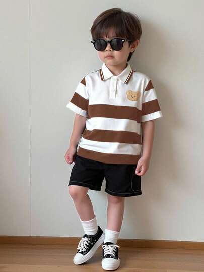 SHEIN Áo thun polo họa tiết gấu bông sọc dễ thương, thoải mái, thời trang, dễ mặc hàng ngày, đa năng, thoải mái, thời trang, áo len và quần short đen