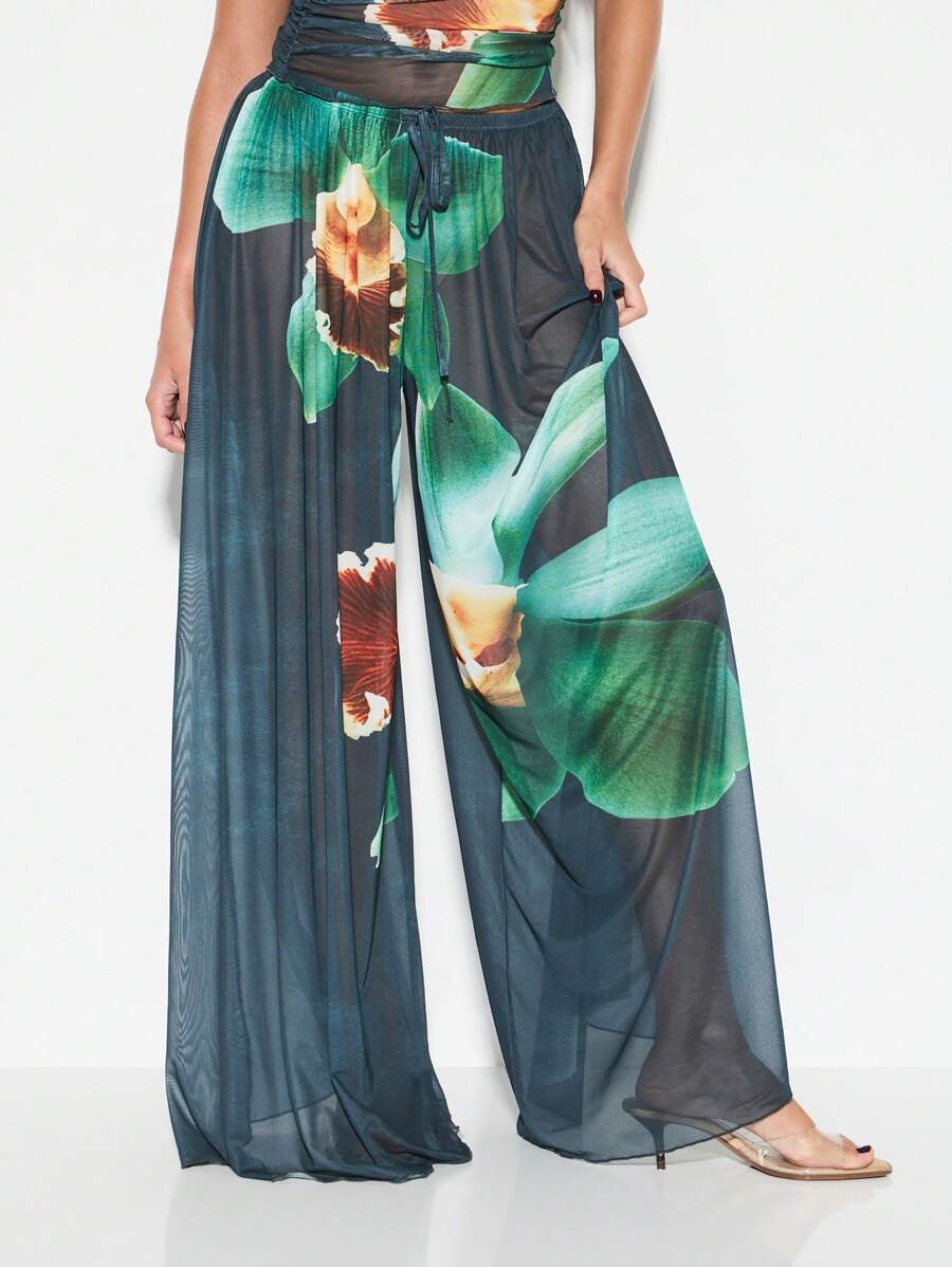 KIZN 网眼阔腿海滩度假裤夏季度假裤假日泳池罩衫飘逸休闲裤节日沙滩装透明 - 綠色 - 查看 1