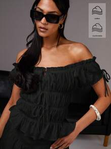 Athîral 女式休闲纯色露肩系带衬衫，夏季