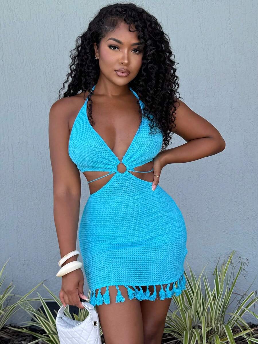 Alexandranx Summer Beach Vacation Mini Dress With Hollowed Waist, Tasseled Hem, Open Back And Neck Tie - Baby Blue - View 1