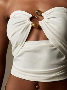 MISSGUIDED Áo crop top không dây Bandeau Lễ hội mùa hè Đồ đi biển Chi tiết nhún bèo thường ngày Câu lạc bộ Tiệc đêm Áo crop top ống ngắn cho nữ - trắng - Xem 4