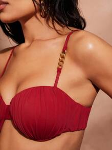 Hauture Áo bikini hở lưng màu đỏ sẫm gợi cảm mùa hè cho nữ có chi tiết xích nhún bèo - Đỏ - Xem 5