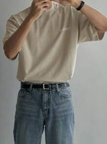 DAZY Men's Letter Print Beige Round Neck Drop Shoulder Short Sleeve Casual T-Shirt, Summer - Beige - View 5